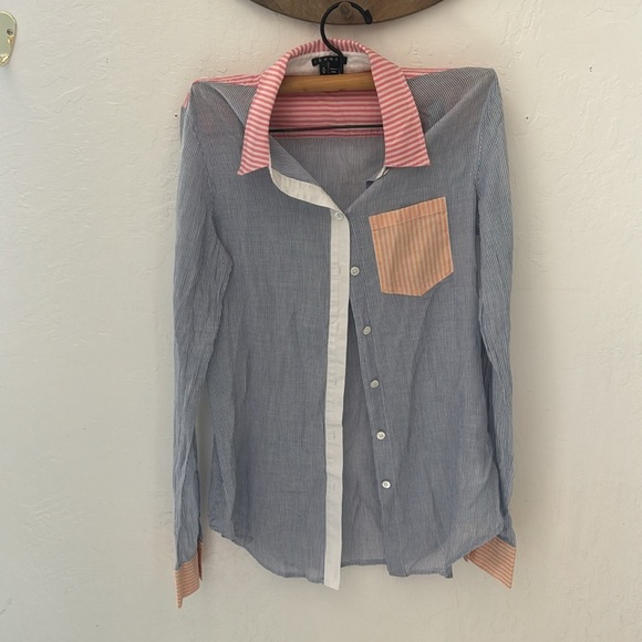 Theory Button Down Long Sleeve Multi Pattern Color Striped Blue Pink Orange SP - Picture 2 of 7
